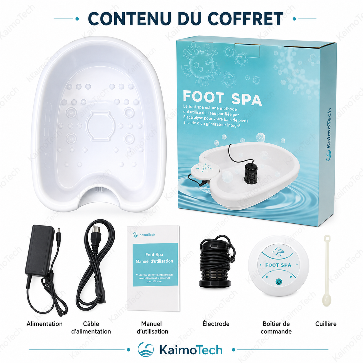 Contenu du coffret du bain de pieds ionique KaimoTech avec bac Foot Spa, boîte produit, alimentation, câble d’alimentation, manuel d’utilisation, électrode, boîtier de commande et cuillère. Image produit détaillée présentant les accessoires inclus pour une utilisation simple à domicile et une routine bien-être.