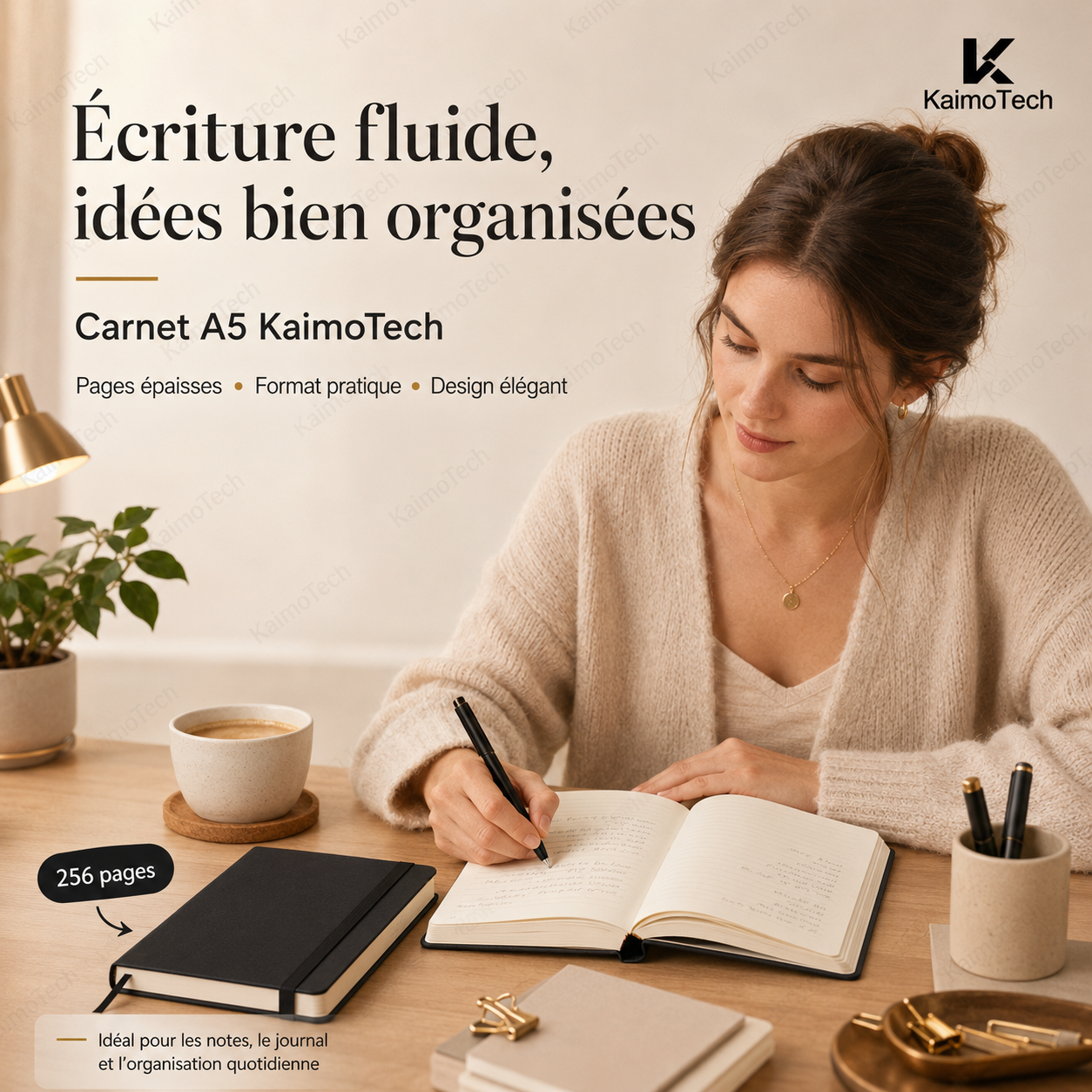 Carnet A5 KaimoTech noir à couverture rigide, papier épais et 256 pages, utilisé par une femme pour écrire, organiser ses idées, prendre des notes, tenir un journal et planifier son quotidien