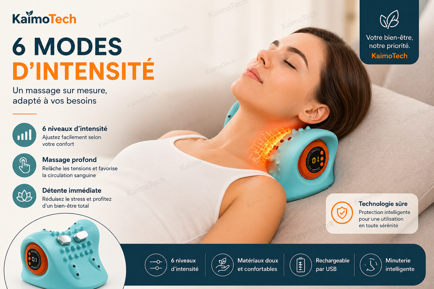 Masseur cervical KaimoTech avec 6 modes d’intensité, massage profond, chaleur douce, matériaux confortables, recharge USB et minuterie intelligente, présenté pour une détente personnalisée à domicile.