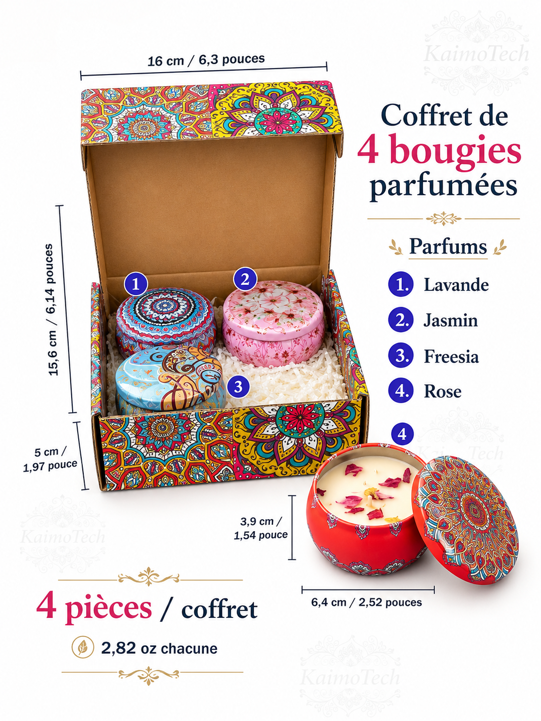 Coffret de 4 bougies parfumées KaimoTech avec bougies décoratives colorées, parfums lavande, jasmin, freesia et rose, cire naturelle de soja, dimensions du coffret et idée cadeau bien-être