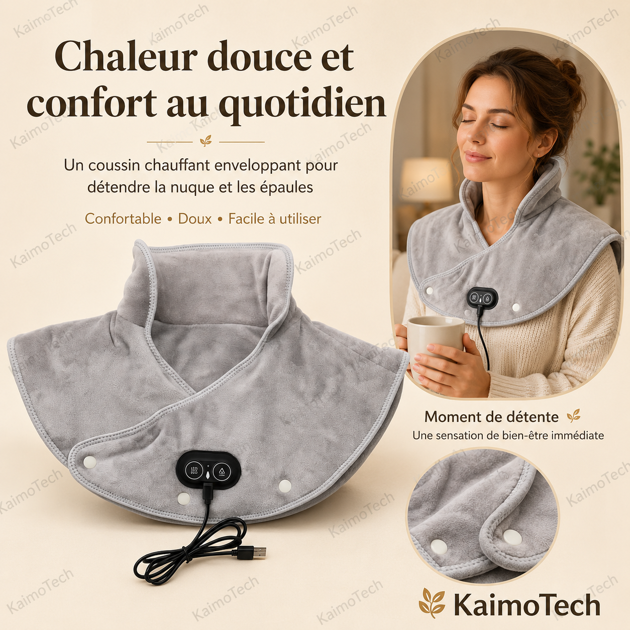 Coussin chauffant KaimoTech enveloppant pour la nuque et les épaules avec tissu doux, alimentation USB et moment de détente