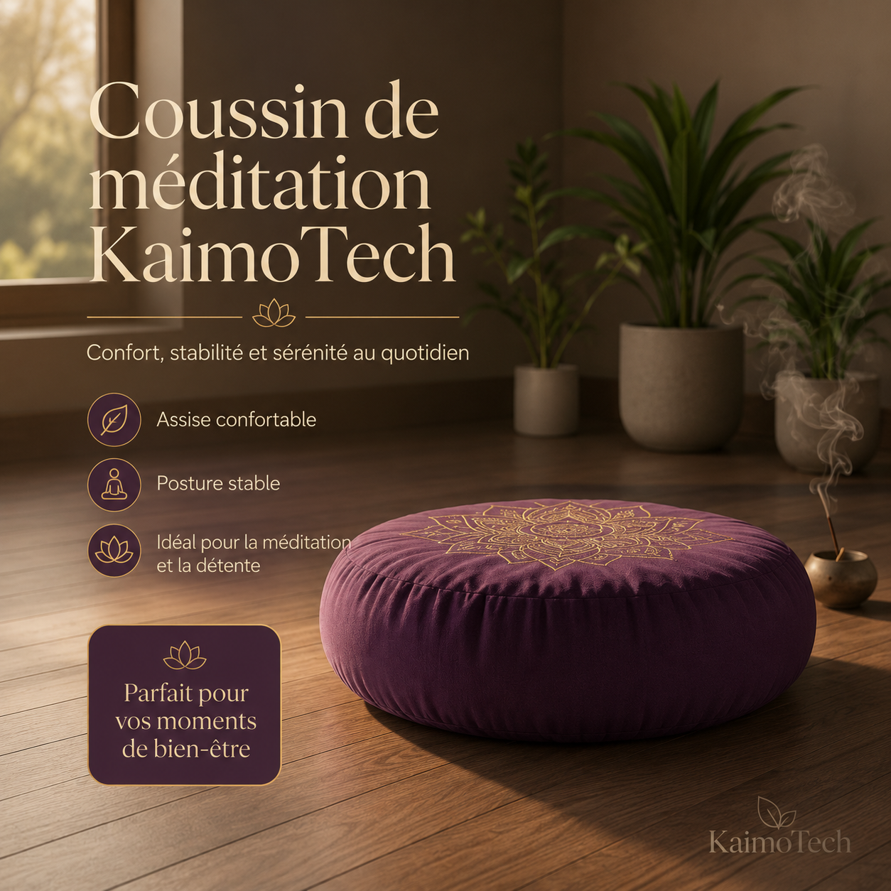 Coussin de méditation KaimoTech violet avec motif lotus doré, présenté dans une ambiance zen avec lumière douce, plantes et encens, idéal pour une assise confortable, une posture stable et des moments de bien-être à domicile.