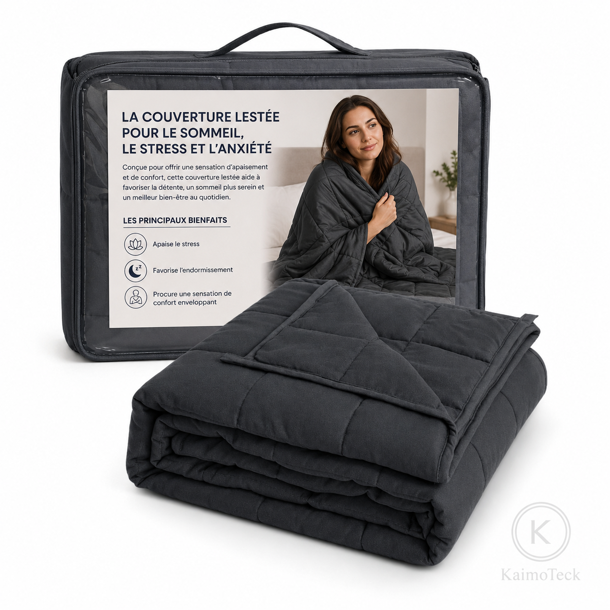 Couverture lestée grise KaimoTech avec sac de rangement, tissu doux, matelassage dense et visuel détente, idéale pour le confort au lit, la relaxation, l’apaisement du stress et un sommeil réparateur