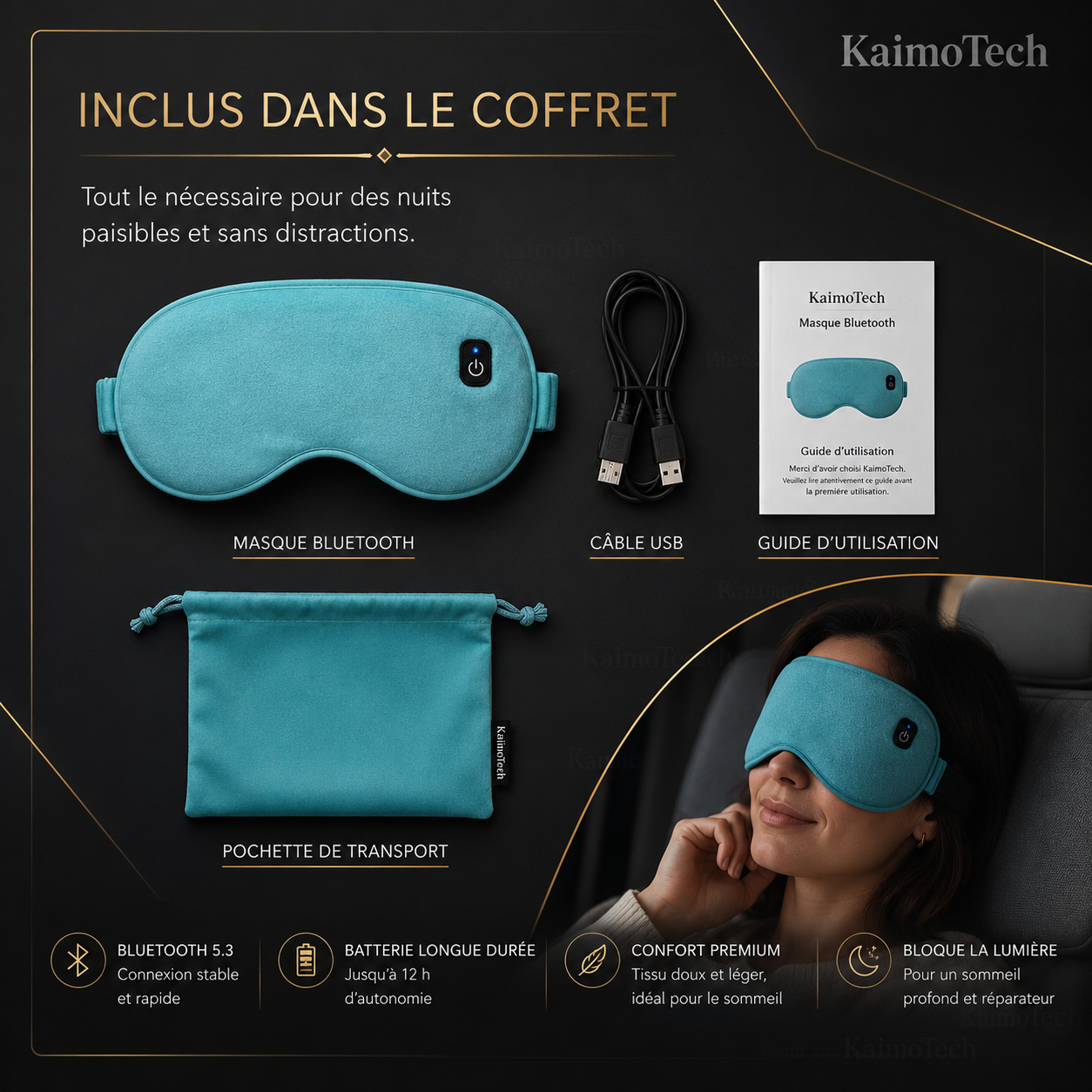 Coffret du masque de sommeil Bluetooth DreamMask Pro KaimoTech bleu ciel avec masque, câble USB, guide d’utilisation et pochette de transport.
