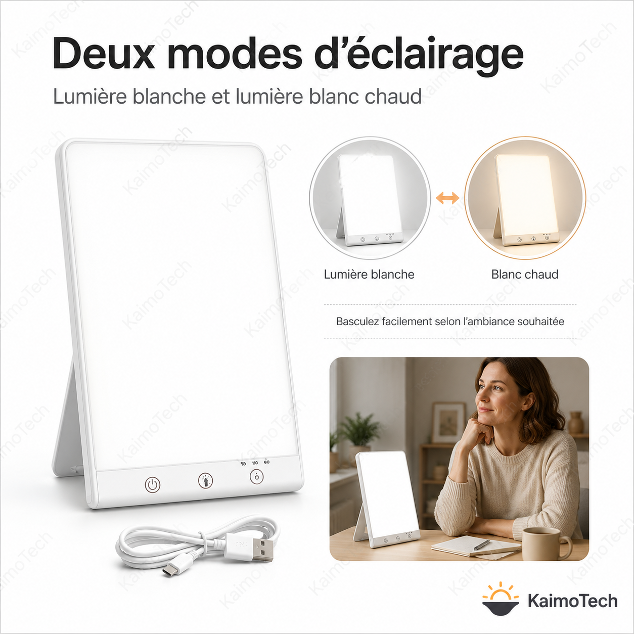 Lampe de luminothérapie KaimoTech avec 2 modes d’éclairage, lumière blanche et blanc chaud, design compact avec support inclinable, câble d’alimentation USB, commande tactile et utilisation quotidienne pour le bien-être, la lecture, le réveil en douceur et les moments de détente à la maison