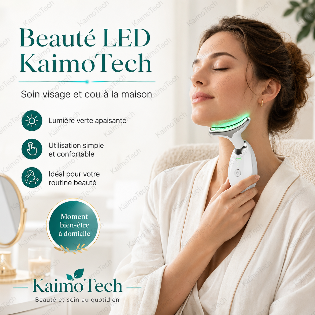 Appareil beauté LED visage et cou KaimoTech avec lumière verte, utilisé par une femme dans une routine de soin à domicile. Visuel premium présentant un soin visage et cou, une utilisation simple et confortable, et un moment bien-être à domicile.