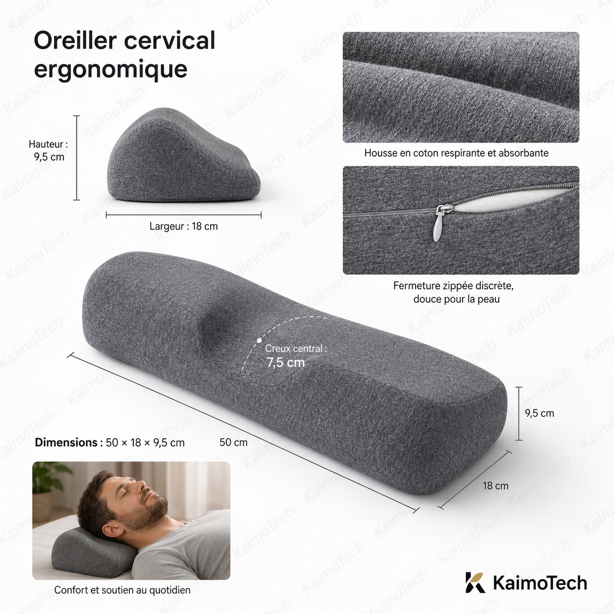Oreiller cervical ergonomique KaimoTech en mousse à mémoire de forme, dimensions 50 × 18 × 9,5 cm, conçu pour soutenir la nuque et les cervicales, avec creux central de 7,5 cm, housse en coton respirante et absorbante, fermeture zippée douce pour la peau et confort au quotidien