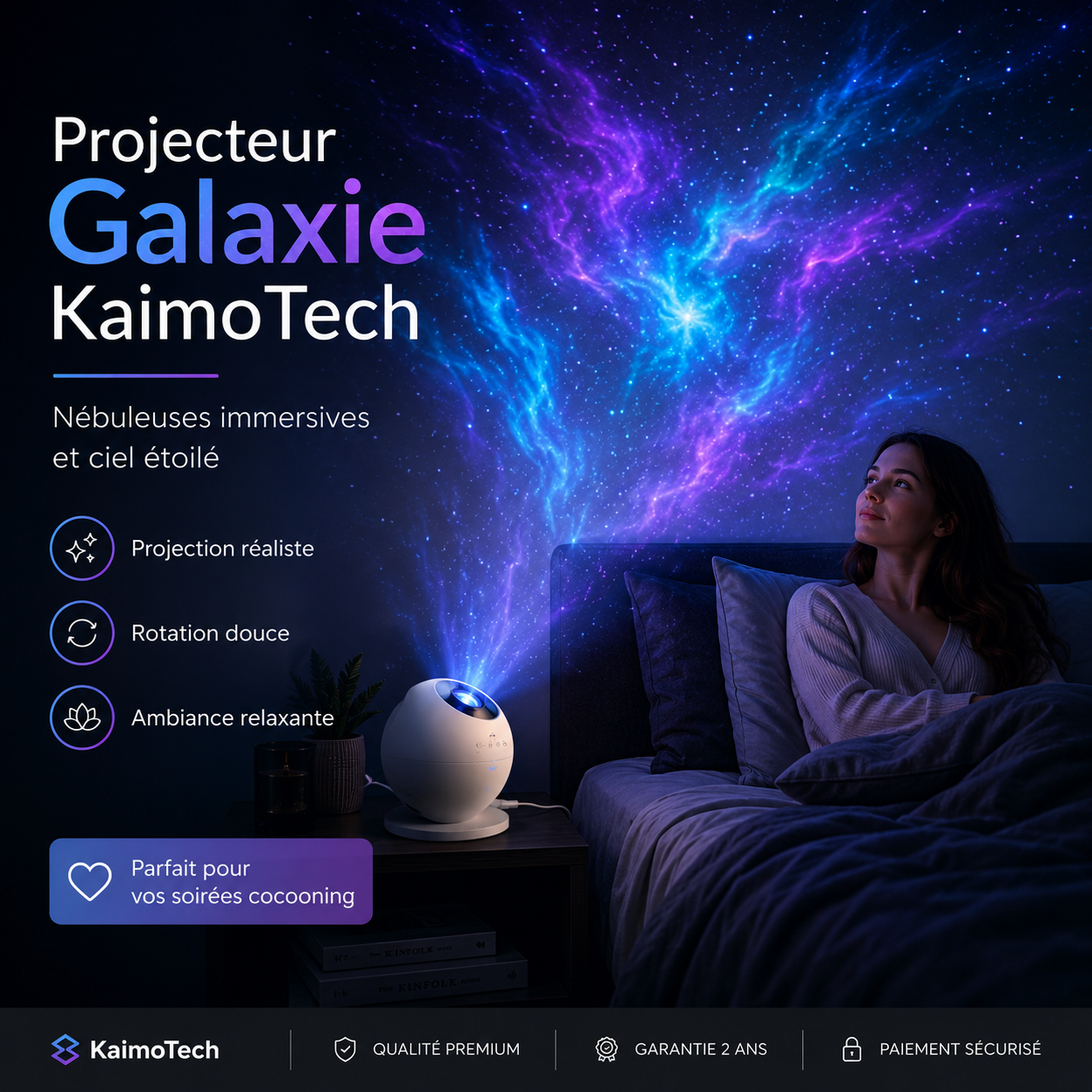 Projecteur galaxie KaimoTech avec lumière nébuleuse immersive, ciel étoilé, projection réaliste, rotation douce et ambiance relaxante pour chambre adulte, détente et soirées cocooning.