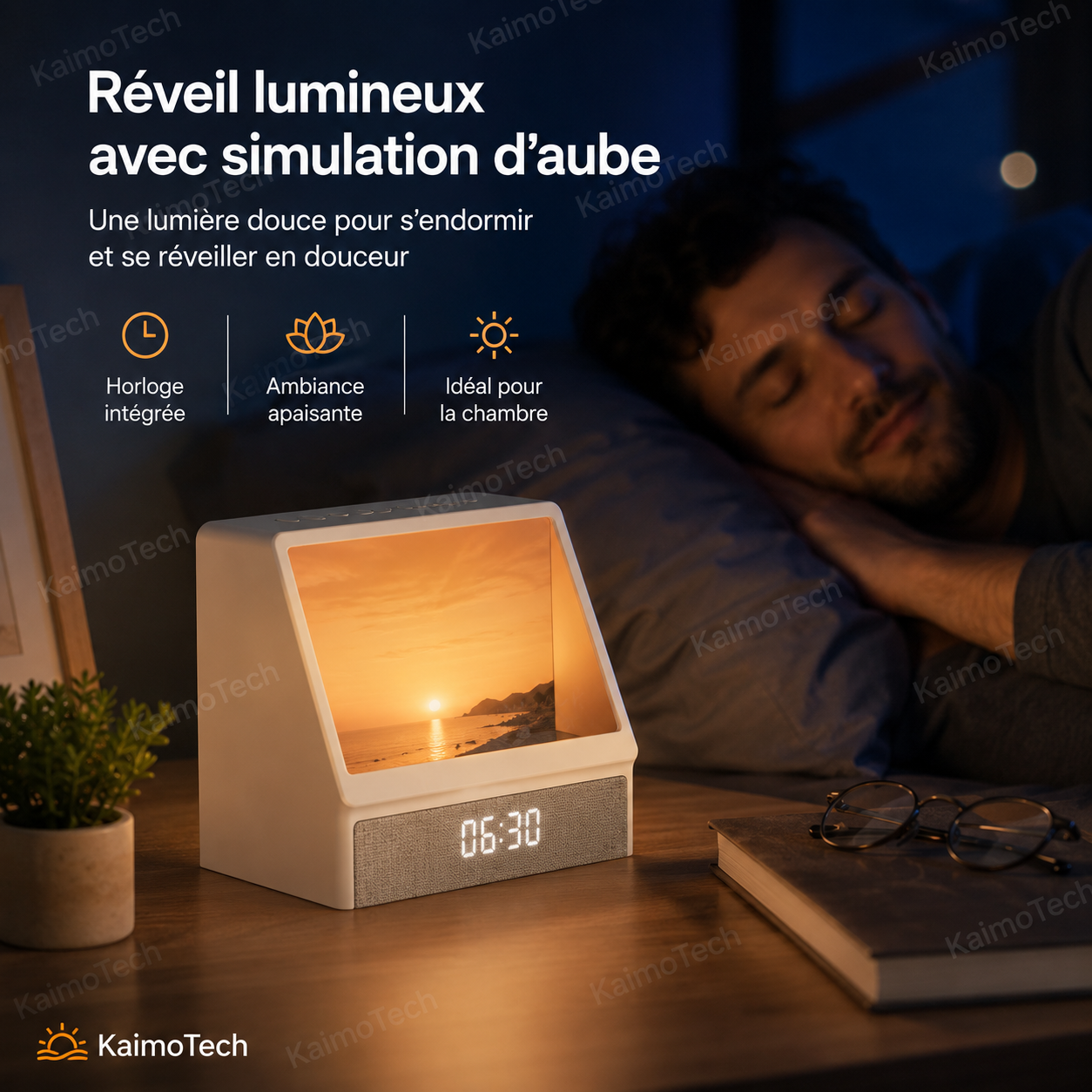 Réveil lumineux KaimoTech avec simulation d’aube, horloge intégrée et lumière douce, posé sur une table de chevet dans une chambre de nuit avec un homme endormi, idéal pour s’endormir plus sereinement et se réveiller progressivement.