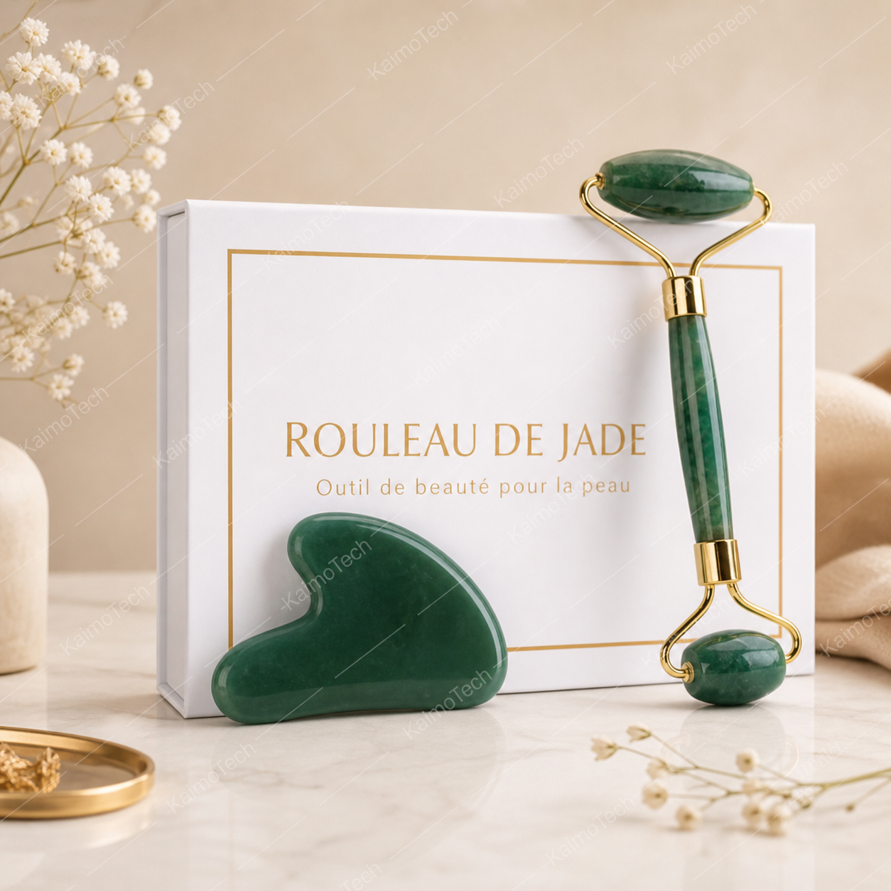 Coffret rouleau de jade avec pierre Gua Sha assortie, présenté dans un style naturel et élégant. Outil de beauté pour le visage idéal pour une routine de massage quotidienne, avec pierre verte polie et finitions dorées pour une expérience bien-être raffinée.