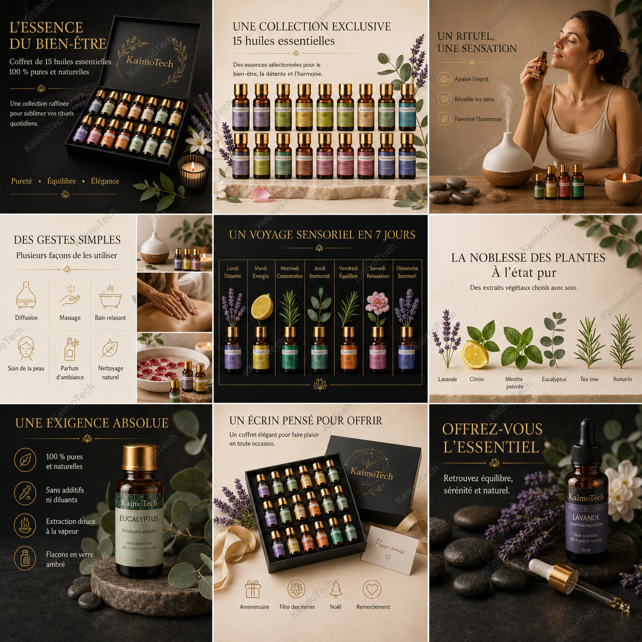 Coffret de 15 huiles essentielles distribué par KaimoTech, avec collection exclusive, rituel sensoriel sur 7 jours, usages en diffusion, massage, bain relaxant, soin de la peau et parfum d’ambiance, ainsi qu’un coffret cadeau premium.