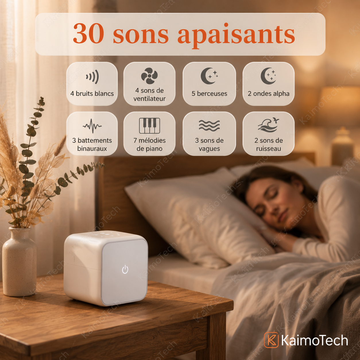Machine à bruit blanc SleepSound KaimoTech avec 30 sons apaisants, dont bruits blancs, sons de ventilateur, berceuses, vagues et ruisseau, idéale pour créer une ambiance relaxante dans la chambre