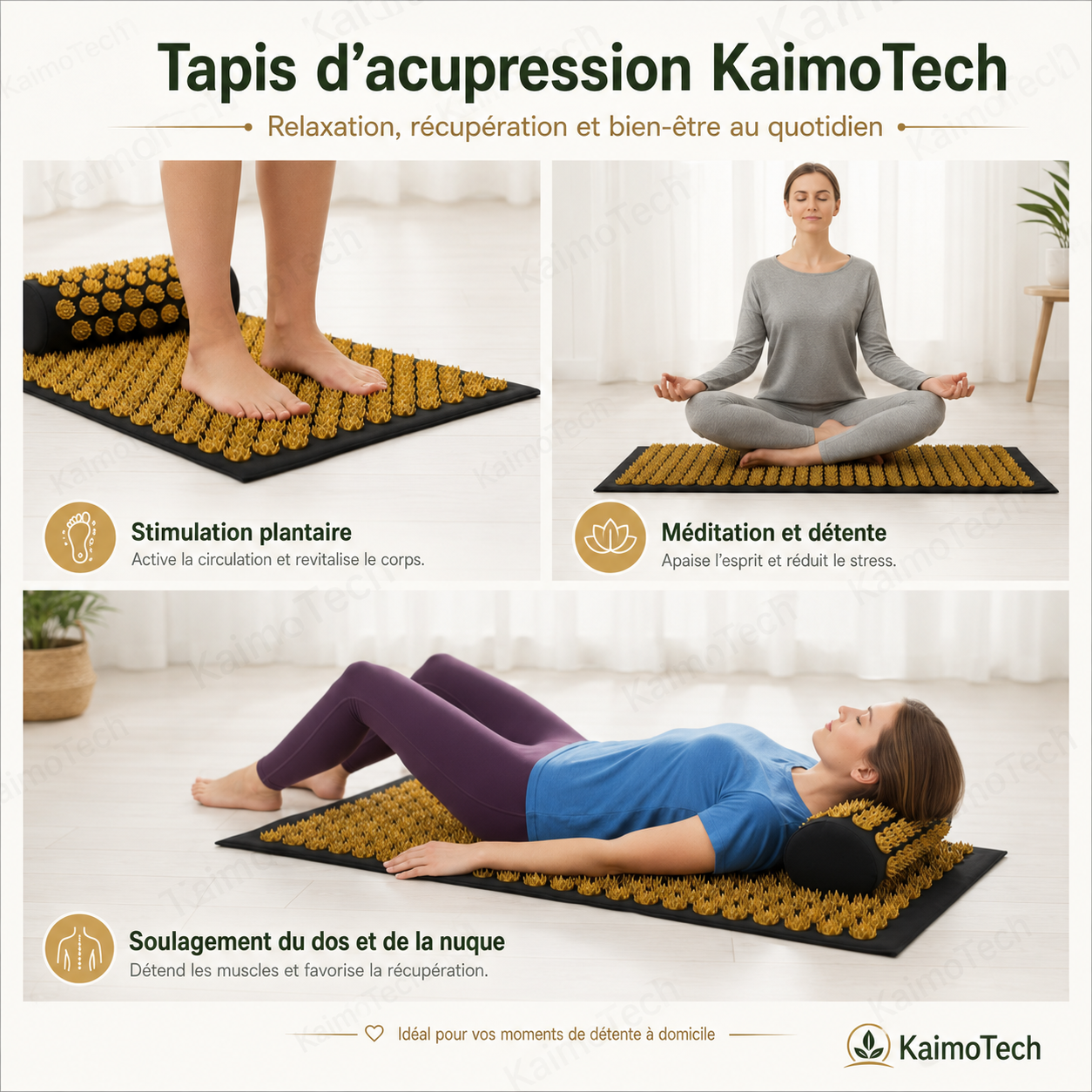 Tapis d’acupression KaimoTech présenté en différents usages : stimulation plantaire, méditation, détente du dos et de la nuque, pour favoriser la relaxation, la récupération et le bien-être au quotidien.