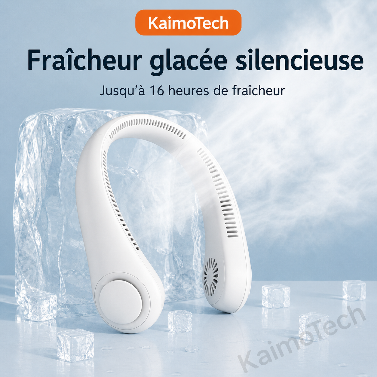 Ventilateur de cou portable distribué par KaimoTech avec fraîcheur glacée silencieuse, jusqu’à 16 heures de fraîcheur, design blanc élégant et souffle rafraîchissant idéal pour les journées chaudes.