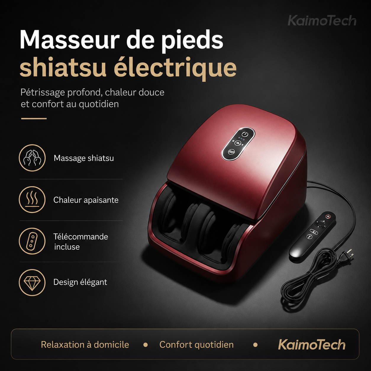 Masseur de pieds shiatsu électrique KaimoTech rouge bordeaux avec télécommande incluse, présenté sur fond noir élégant. Image mettant en avant le massage shiatsu, la chaleur apaisante, le design élégant, la relaxation à domicile et le confort quotidien.