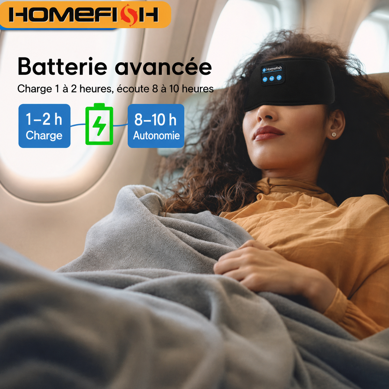 Bandeau sommeil Bluetooth - batterie longue durée, usage voyage et avion