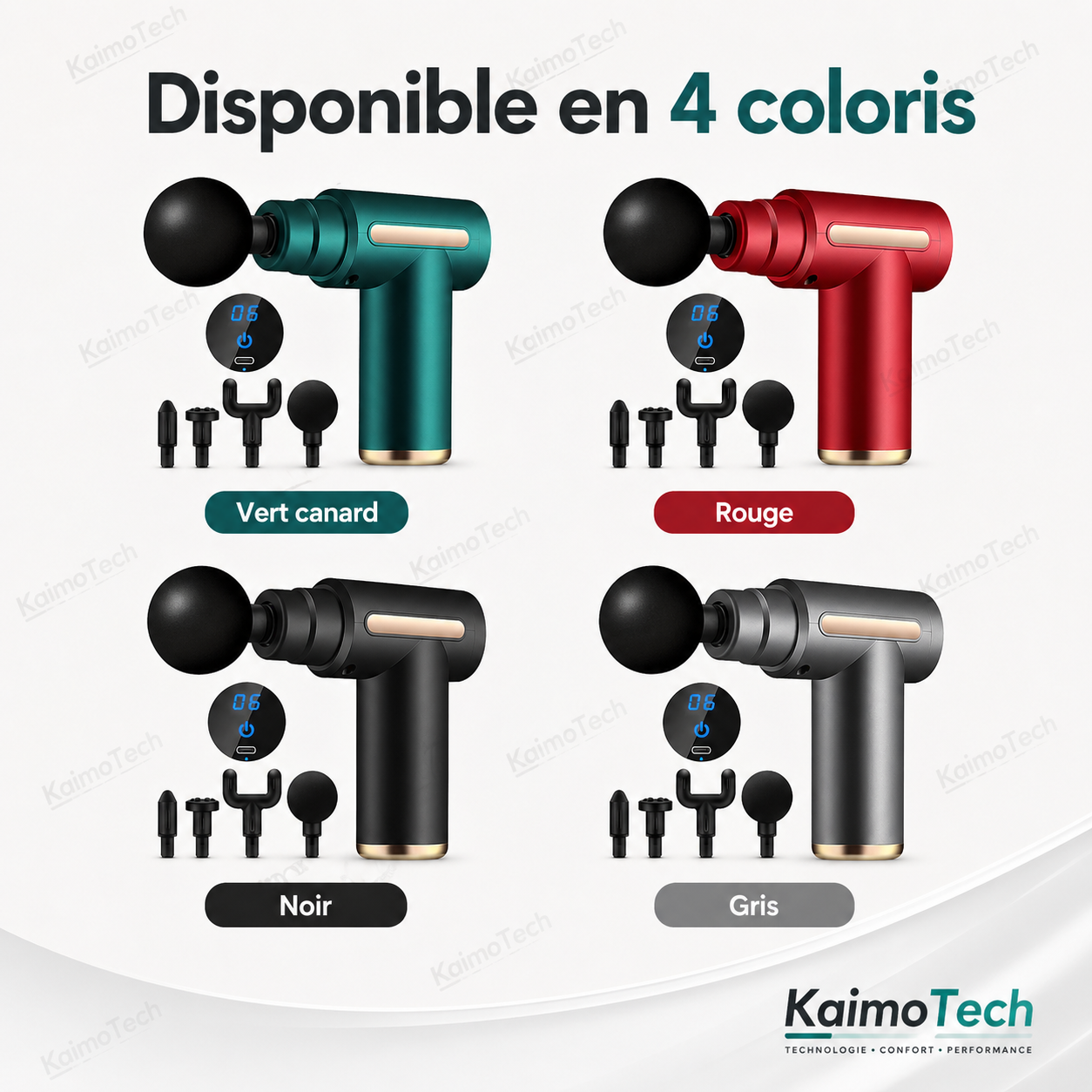 Pistolet de massage KaimoTech disponible en 4 coloris – vert canard, rouge, noir et gris, chacun livré avec ses embouts de massage

