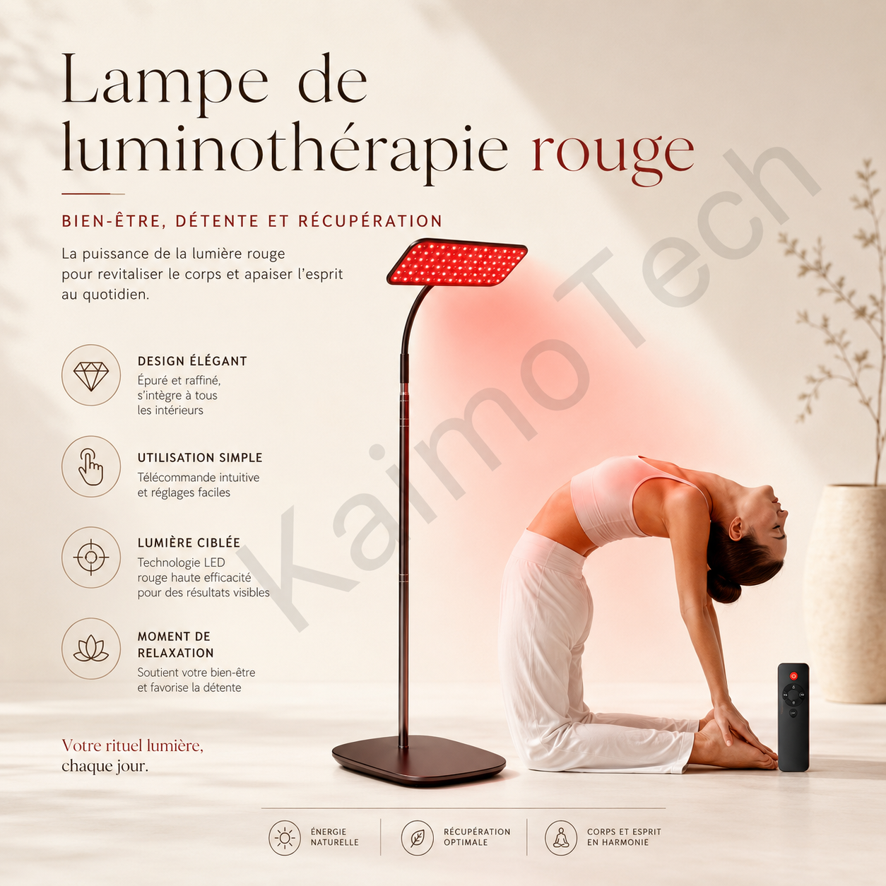 Lampe de luminothérapie rouge distribuée par KaimoTech, utilisée lors d’une séance de yoga à domicile pour accompagner la détente, la récupération et le bien-être quotidien avec un design élégant et une lumière ciblée.