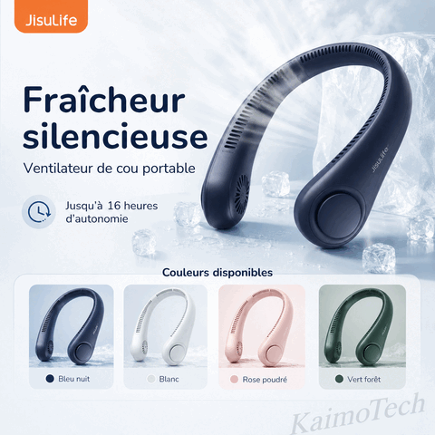 GIF technique du ventilateur de cou portable distribué par KaimoTech, présentant ses 78 sorties d’air, ses 24 pales de turbine, son entrée et sa sortie d’air optimisées, ainsi que sa rotation à 360° pour mieux dissiper la chaleur.