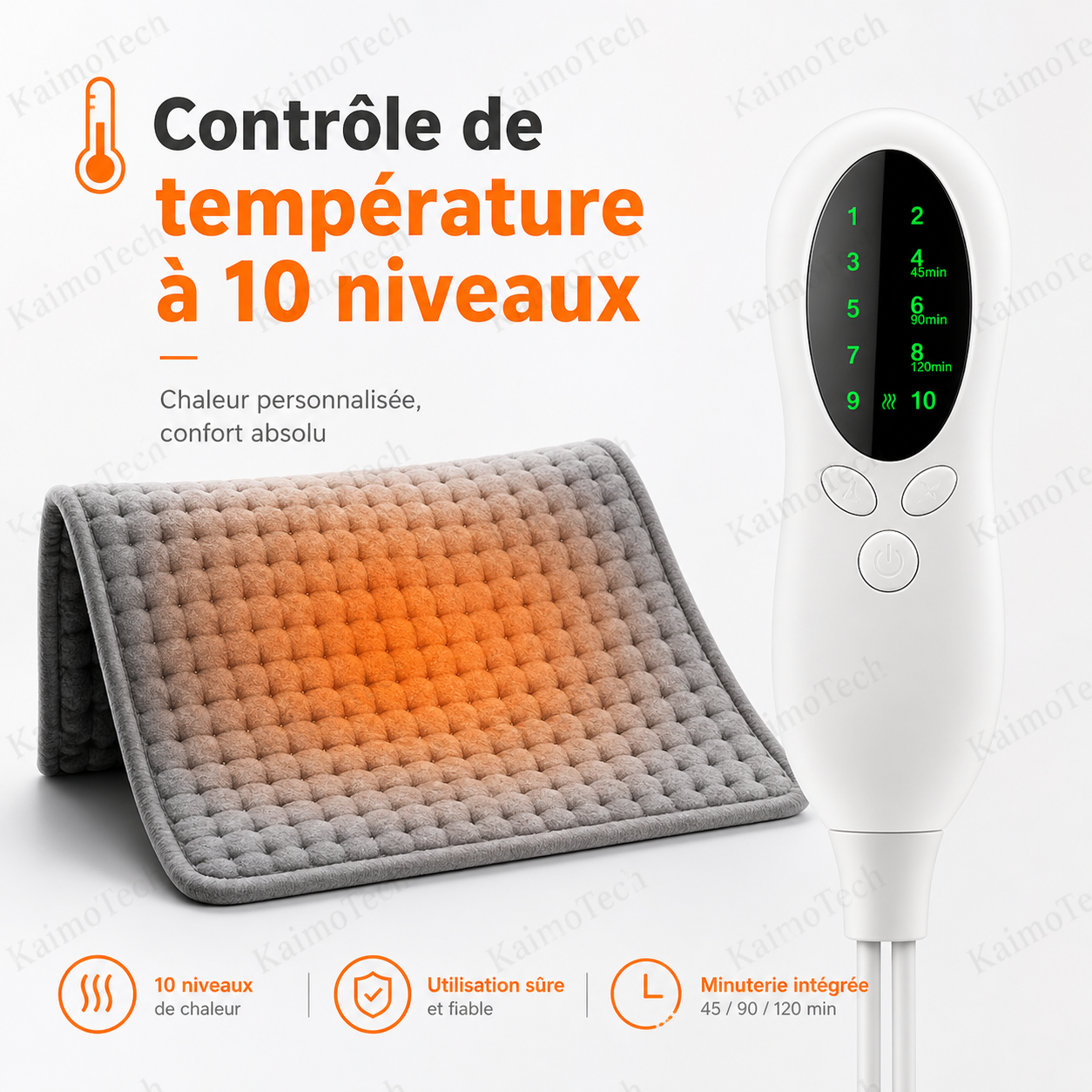 Coussin chauffant KaimoTech avec télécommande LED — contrôle de température à 10 niveaux de chaleur, minuterie intégrée 45, 90 et 120 minutes, utilisation sûre et fiable, chaleur personnalisée et confort absolu