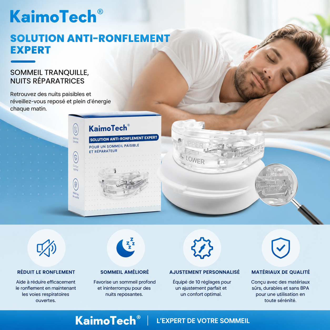 Gouttière anti-ronflement KaimoTech réglable avec matériau souple, ajustement personnalisé, boîte de rangement et étui, conçue pour aider à limiter le ronflement nocturne, maintenir les voies respiratoires ouvertes et favoriser un sommeil plus réparateur.