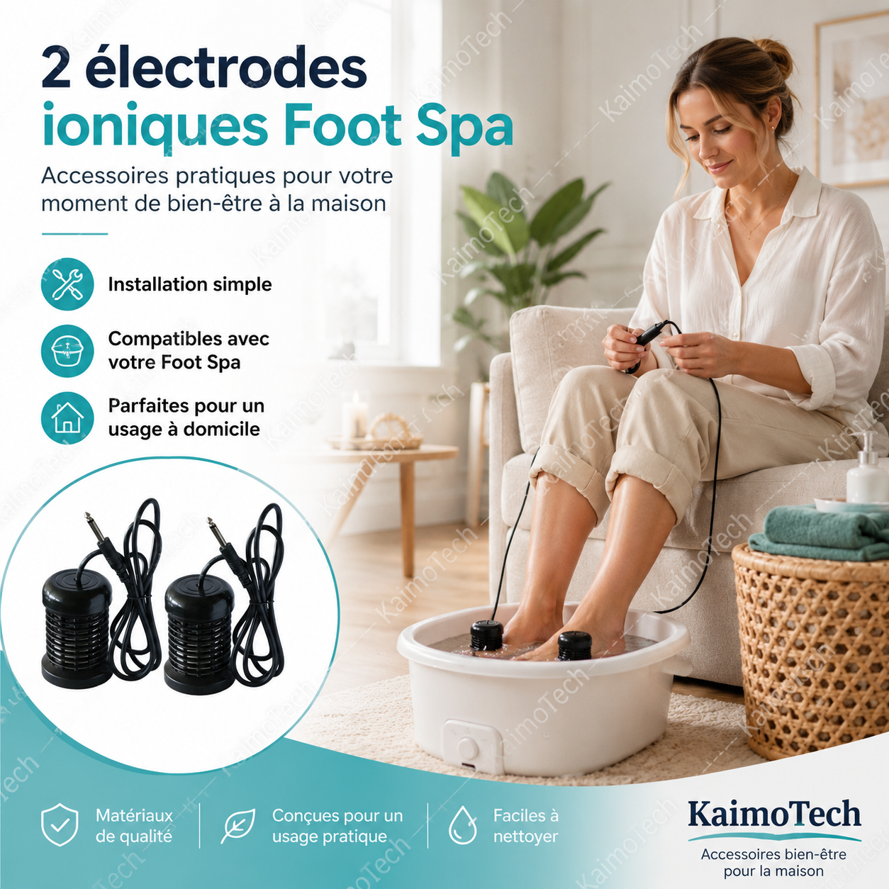 Électrodes ioniques Foot Spa KaimoTech avec accessoires pratiques pour bain de pieds à domicile. Image montrant une femme utilisant le Foot Spa dans un intérieur cosy, avec installation simple, compatibilité avec le bain de pieds ionique et routine bien-être à la maison.