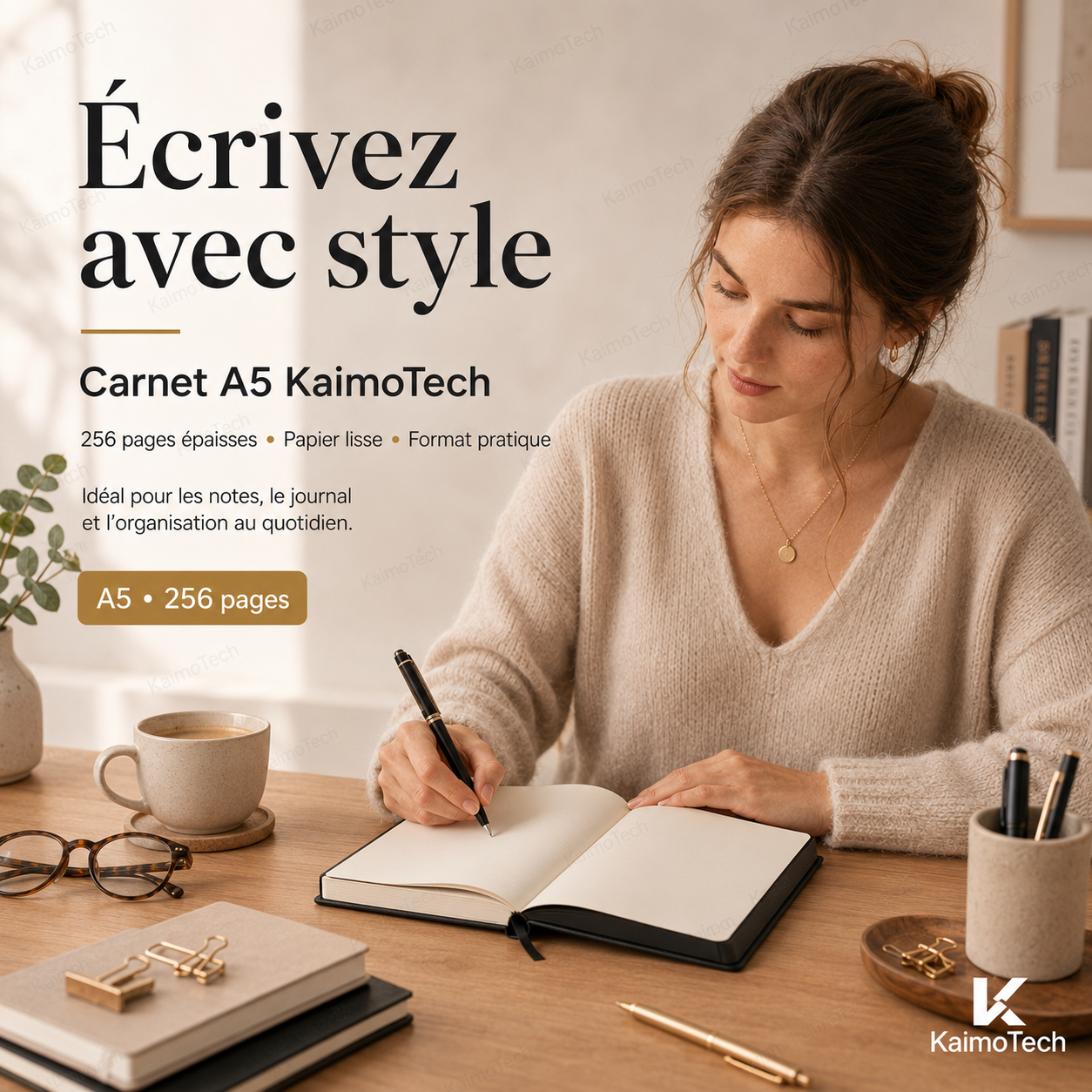 Carnet A5 KaimoTech noir avec 256 pages épaisses, papier lisse pour écriture fluide, utilisé par une femme à un bureau pour notes, journal et organisation quotidienne