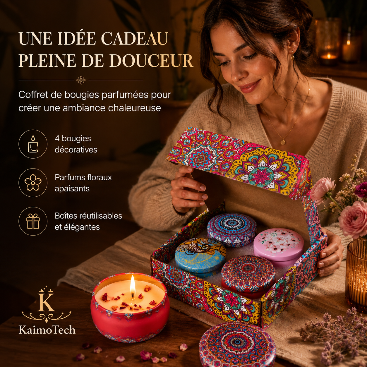 Coffret de bougies parfumées KaimoTech présenté par une femme européenne, avec 4 bougies décoratives aux motifs colorés, cire naturelle de soja, parfums floraux apaisants et idée cadeau élégante