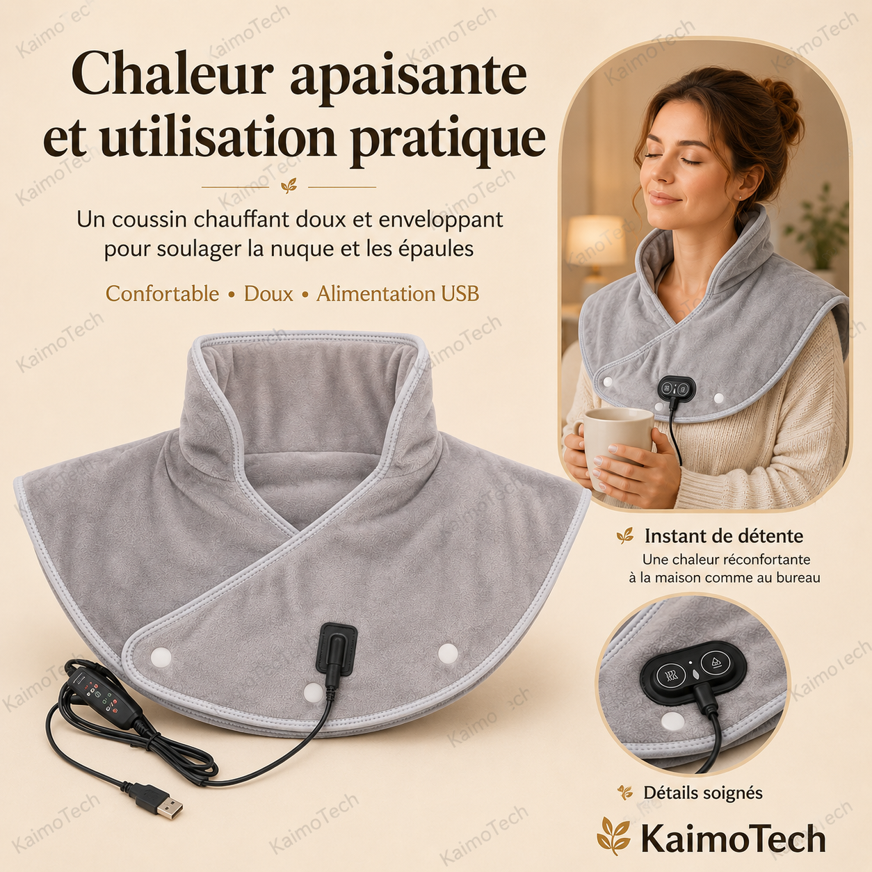 Coussin chauffant KaimoTech doux et enveloppant pour la nuque et les épaules avec connexion USB et détail du boîtier de commande
