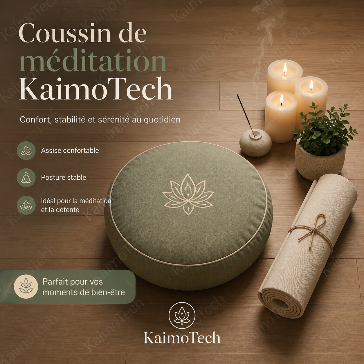 Coussin de méditation KaimoTech vert sauge avec motif lotus, présenté dans une ambiance zen avec bougies, encens et tapis de yoga, idéal pour une assise confortable, une posture stable et des moments de bien-être au quotidien.