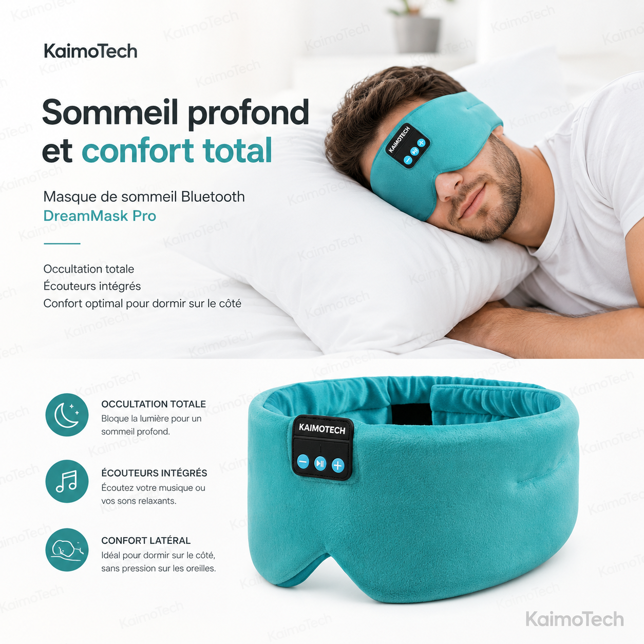 Masque de sommeil Bluetooth DreamMask Pro KaimoTech bleu ciel porté par un homme, avec occultation totale, écouteurs intégrés et confort latéral.
