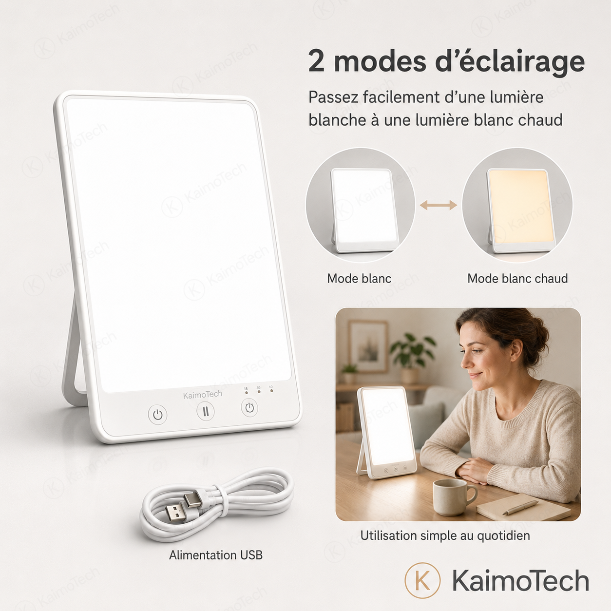 Lampe de luminothérapie KaimoTech avec 2 modes d’éclairage, mode blanc et mode blanc chaud, commande tactile pour changer la couleur de lumière, alimentation USB, câble inclus, support inclinable et design compact pour le bien-être, la détente, la lecture et l’usage quotidien à la maison