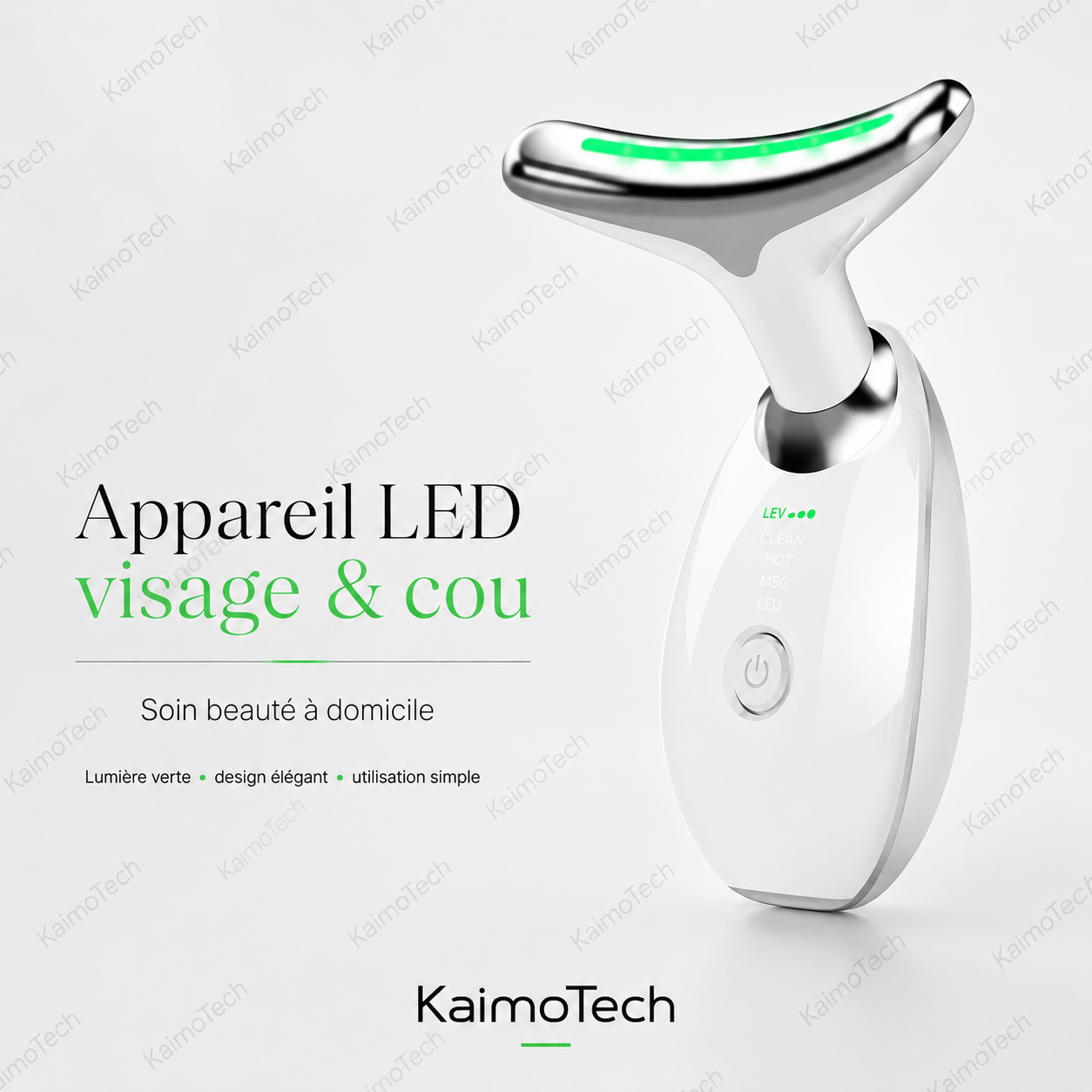 Appareil LED visage et cou KaimoTech avec lumière verte, conçu pour une routine beauté à domicile. Visuel produit premium présentant un soin visage et cou, une utilisation simple, un design élégant et une lumière verte pour un moment bien-être quotidien.