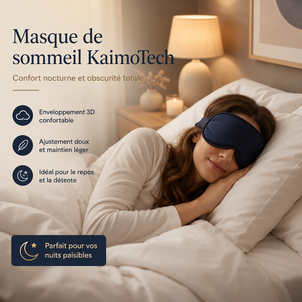 Femme dormant avec un masque de sommeil KaimoTech, enveloppement 3D confortable, ajustement doux et obscurité totale pour des nuits paisibles.