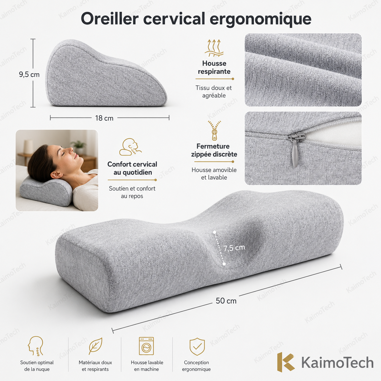 Oreiller cervical ergonomique KaimoTech en mousse à mémoire de forme, conçu pour soutenir la nuque et les cervicales, avec creux central de 7,5 cm, housse douce respirante et lavable, fermeture zippée discrète, dimensions 50 × 18 × 9,5 cm, pour un confort cervical au quotidien et un meilleur maintien au repos