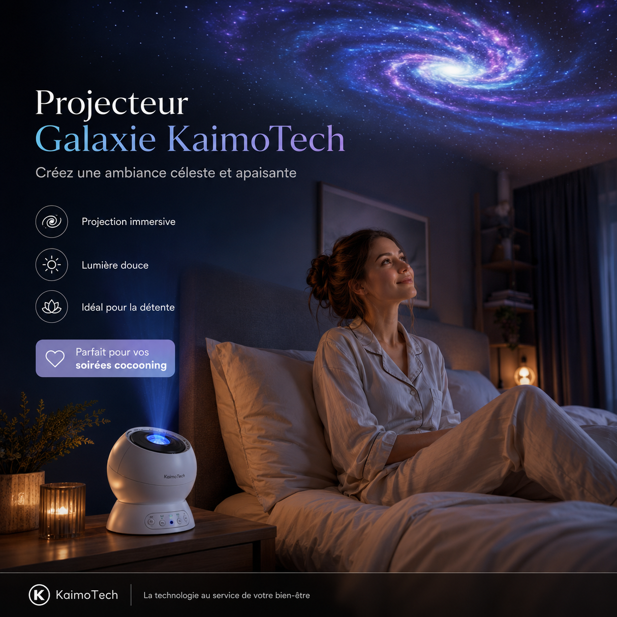 Projecteur galaxie KaimoTech avec projection de ciel étoilé, lumière douce, ambiance relaxante et effet nébuleuse immersive pour chambre adulte ou moments de détente.