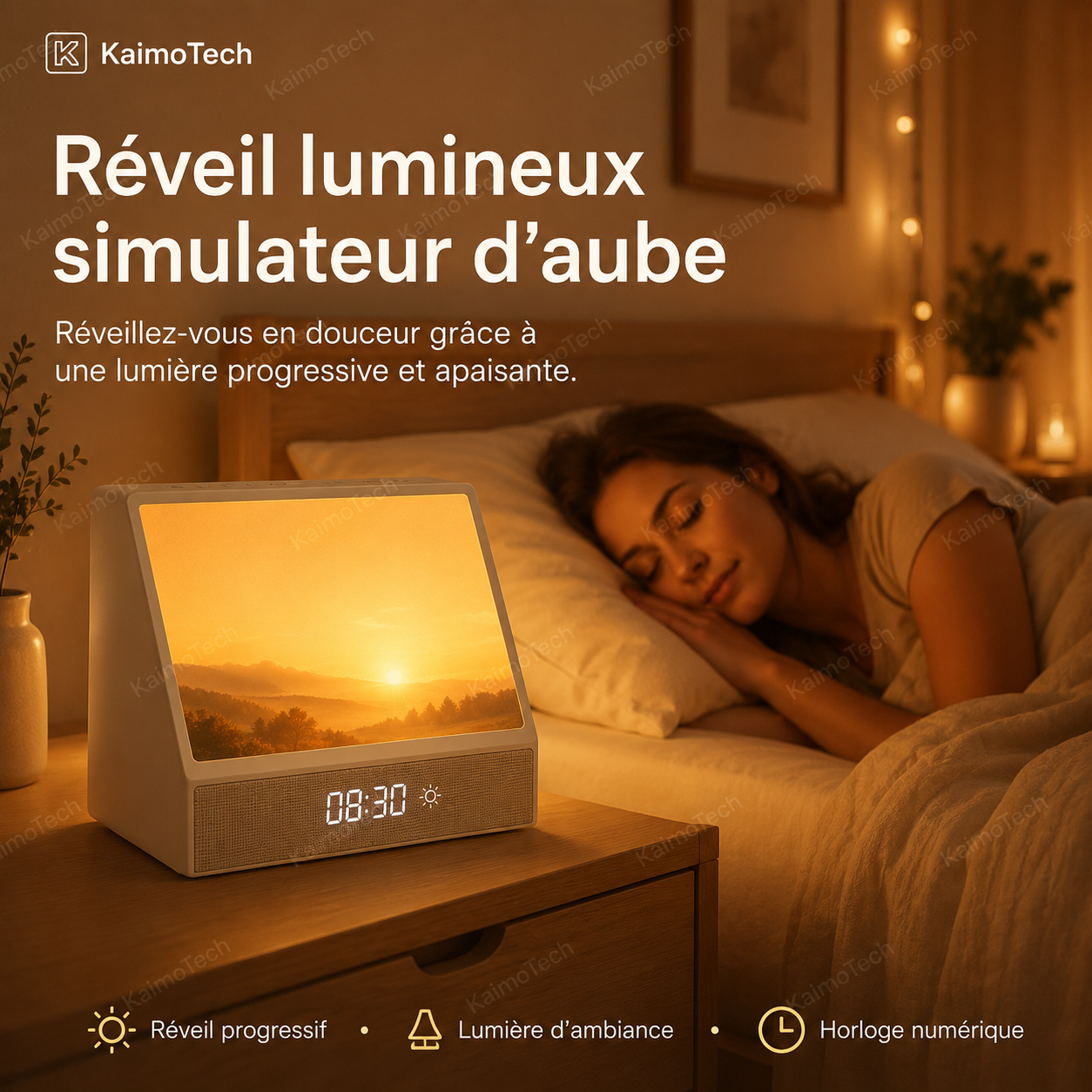 Réveil lumineux KaimoTech avec simulateur d’aube, lumière progressive, horloge numérique et lumière d’ambiance, posé sur une table de chevet dans une chambre chaleureuse avec une femme endormie, idéal pour un réveil en douceur et une routine de sommeil apaisante.