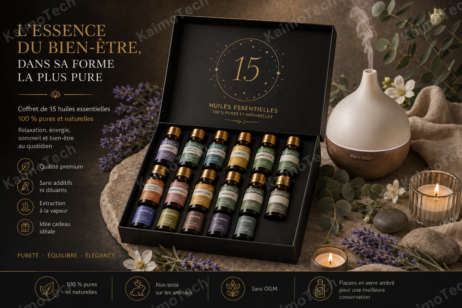 Coffret de 15 huiles essentielles distribué par KaimoTech, avec huiles 100 % pures et naturelles, flacons en verre ambré, diffuseur d’arômes, bougies, lavande et ambiance premium dédiée au bien-être quotidien.