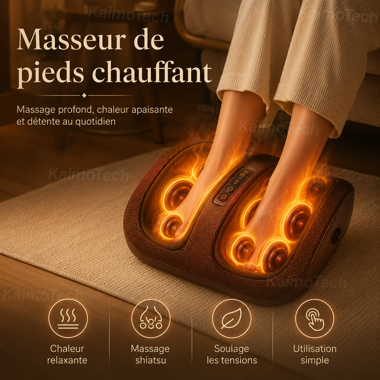 Masseur de pieds chauffant KaimoTech avec chaleur relaxante et massage shiatsu, utilisé à domicile pour soulager les tensions et favoriser la détente quotidienne des pieds.