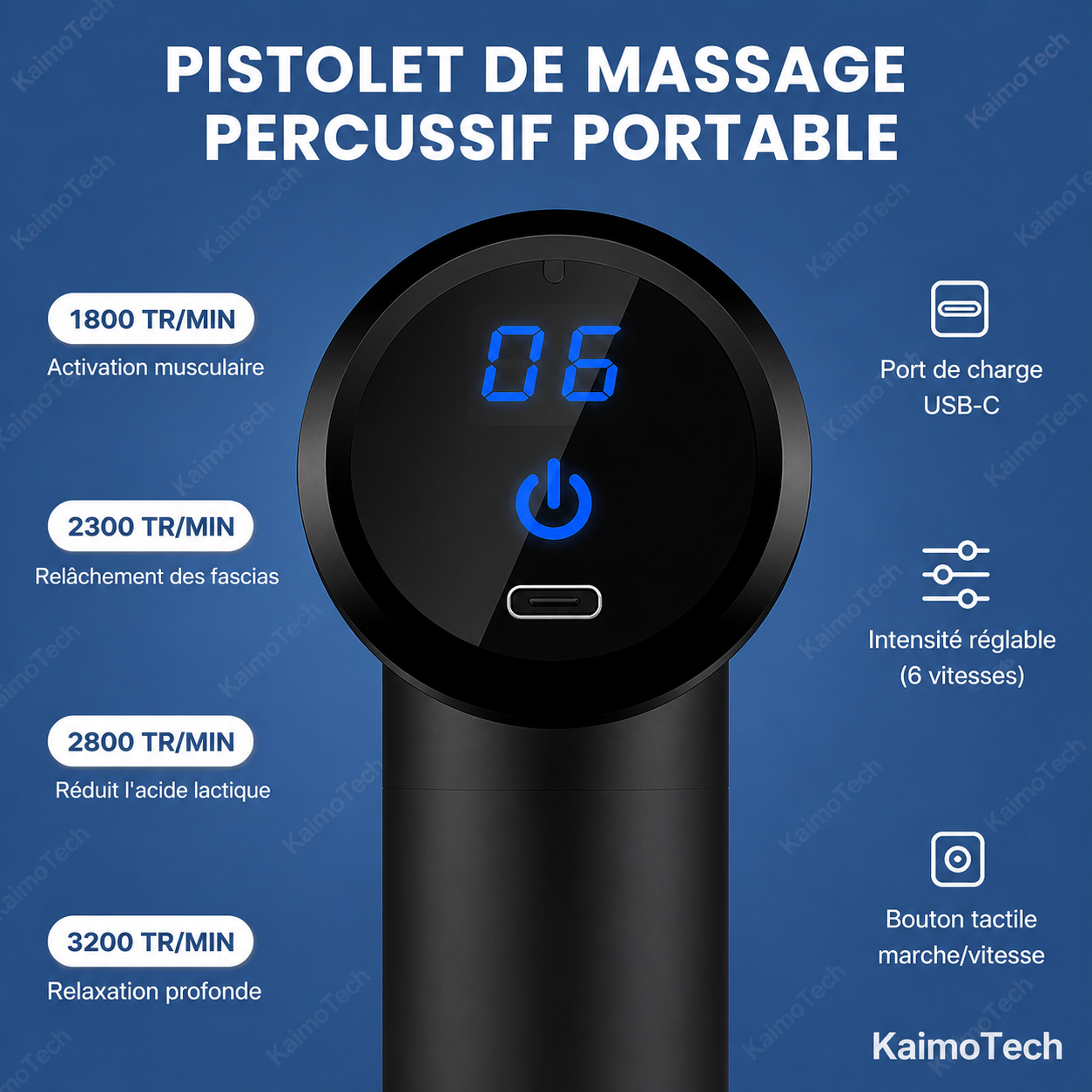 Pistolet de massage percussif portable KaimoTech – 4 vitesses : 1800 tr/min (activation musculaire), 2300 tr/min (relâchement des fascias), 2800 tr/min (réduit l’acide lactique), 3200 tr/min (relaxation profonde) – port USB-C, intensité réglable 6 vitesses, bouton tactile marche/vitesse

