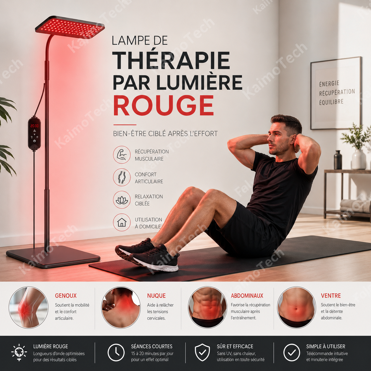 Lampe de thérapie par lumière rouge distribuée par KaimoTech, utilisée après l’effort pour accompagner la récupération musculaire, le confort articulaire et la relaxation ciblée, avec format réglable et utilisation simple à domicile.