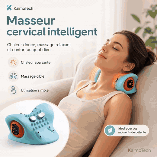 GIF animé présentant le masseur cervical KaimoTech avec chaleur apaisante, massage relaxant, plusieurs niveaux d’intensité, recharge USB et utilisation à domicile pour la détente du cou.