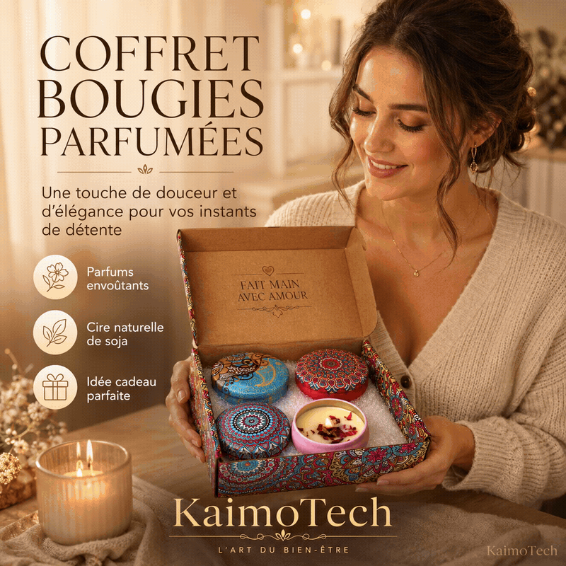 GIF coffret bougies parfumées KaimoTech avec 4 bougies décoratives, motifs colorés, cire naturelle de soja, idée cadeau bien-être, ambiance cosy et instants de détente