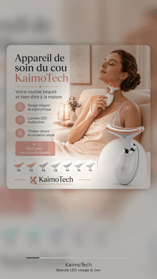 GIF KaimoTech présentant un appareil beauté LED visage et cou utilisé dans une routine bien-être à domicile. Animation verticale montrant le soin du cou, la lumière LED, les modes d’utilisation et les visuels produit avec filigrane KaimoTech.