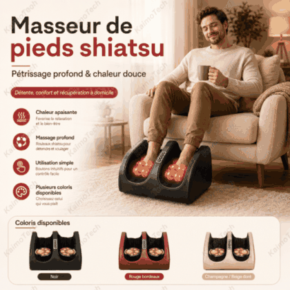 GIF animé présentant le masseur de pieds shiatsu électrique KaimoTech avec pétrissage profond, chaleur douce, télécommande incluse, plusieurs coloris disponibles et scènes de détente à domicile.