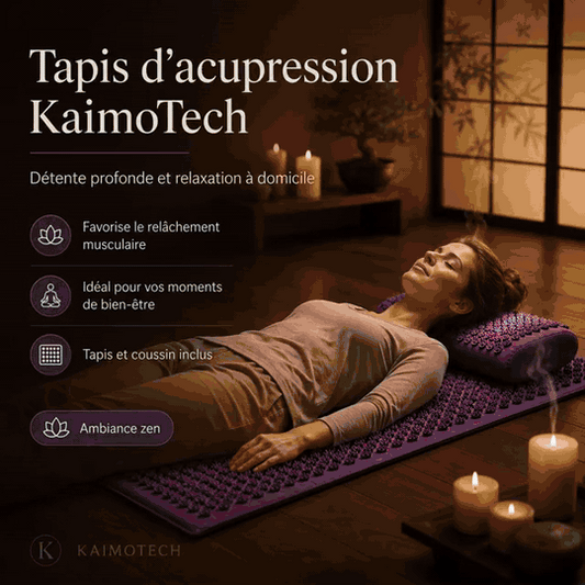 GIF animé présentant le tapis d’acupression KaimoTech avec coussin et sac de transport, montrant ses usages, ses détails, ses coloris disponibles et ses bénéfices pour la relaxation à domicile.