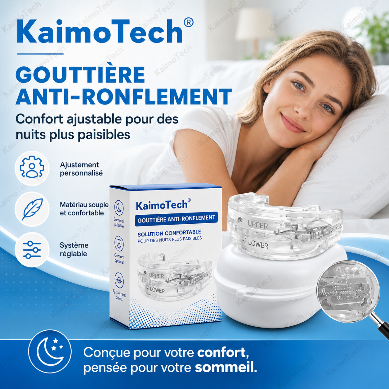 Gouttière anti-ronflement KaimoTech ajustable et confortable, avec matériau souple, système réglable, boîte de rangement et conception transparente, pensée pour aider à réduire le ronflement nocturne et favoriser un sommeil plus réparateur.