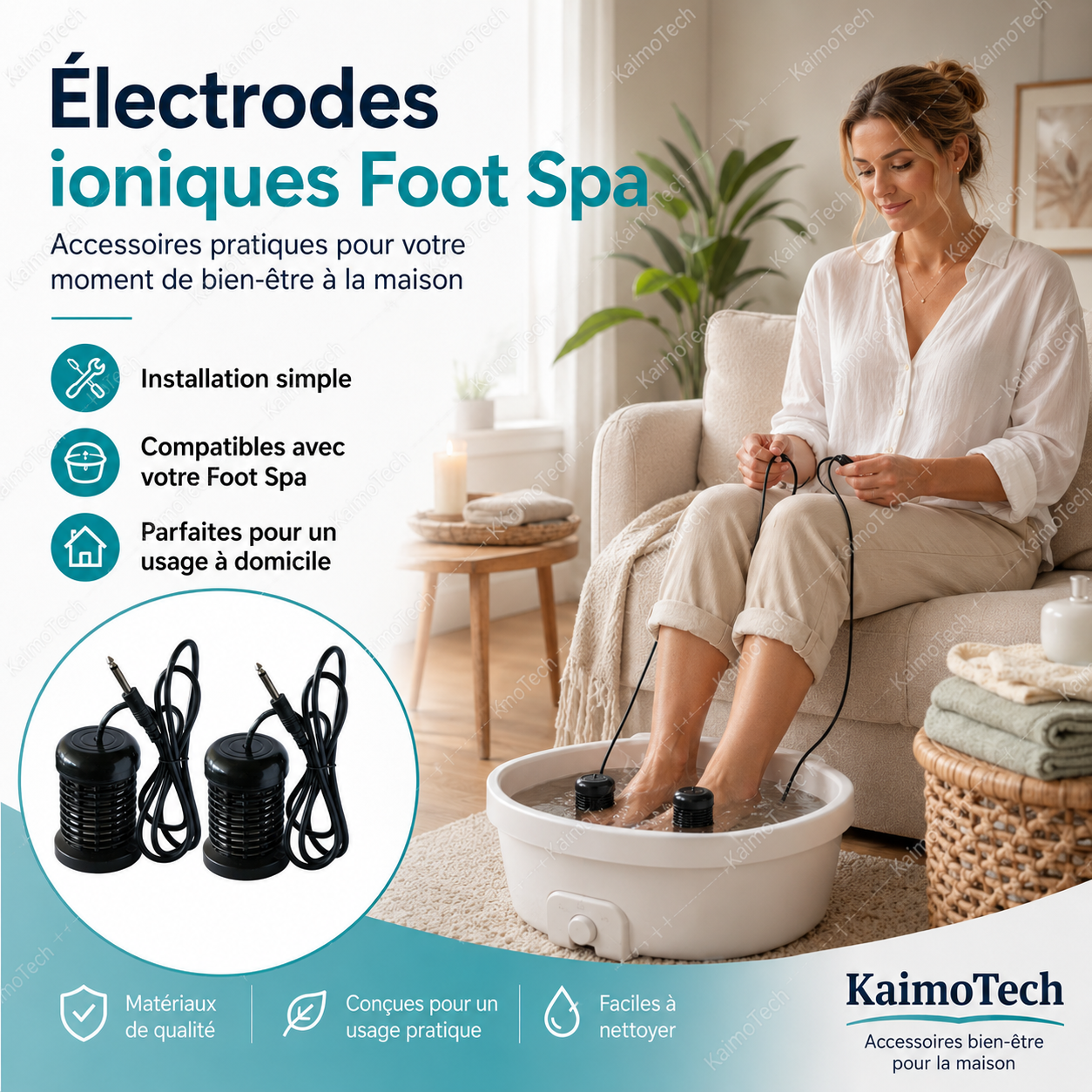 Électrodes ioniques Foot Spa KaimoTech pour bain de pieds à domicile, présentées dans une ambiance bien-être cosy. Image montrant une femme utilisant le Foot Spa avec accessoires, installation simple, compatibilité avec le bain de pieds ionique et entretien facile.