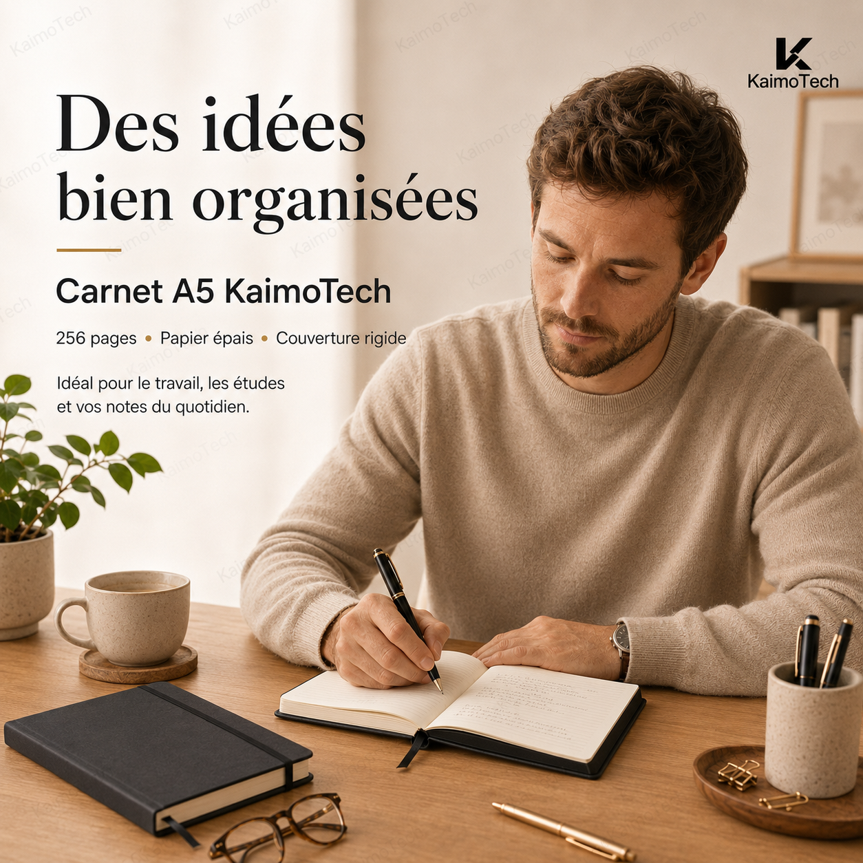 Carnet A5 KaimoTech noir à couverture rigide avec papier épais et 256 pages, utilisé par un homme pour écrire, organiser ses idées, prendre des notes, préparer ses études, son travail et son organisation quotidienne