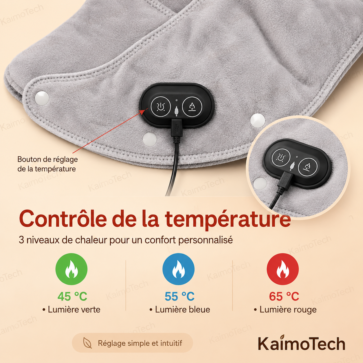 Coussin chauffant KaimoTech pour cou et épaules avec bouton de réglage, 3 températures et boîtier de commande
